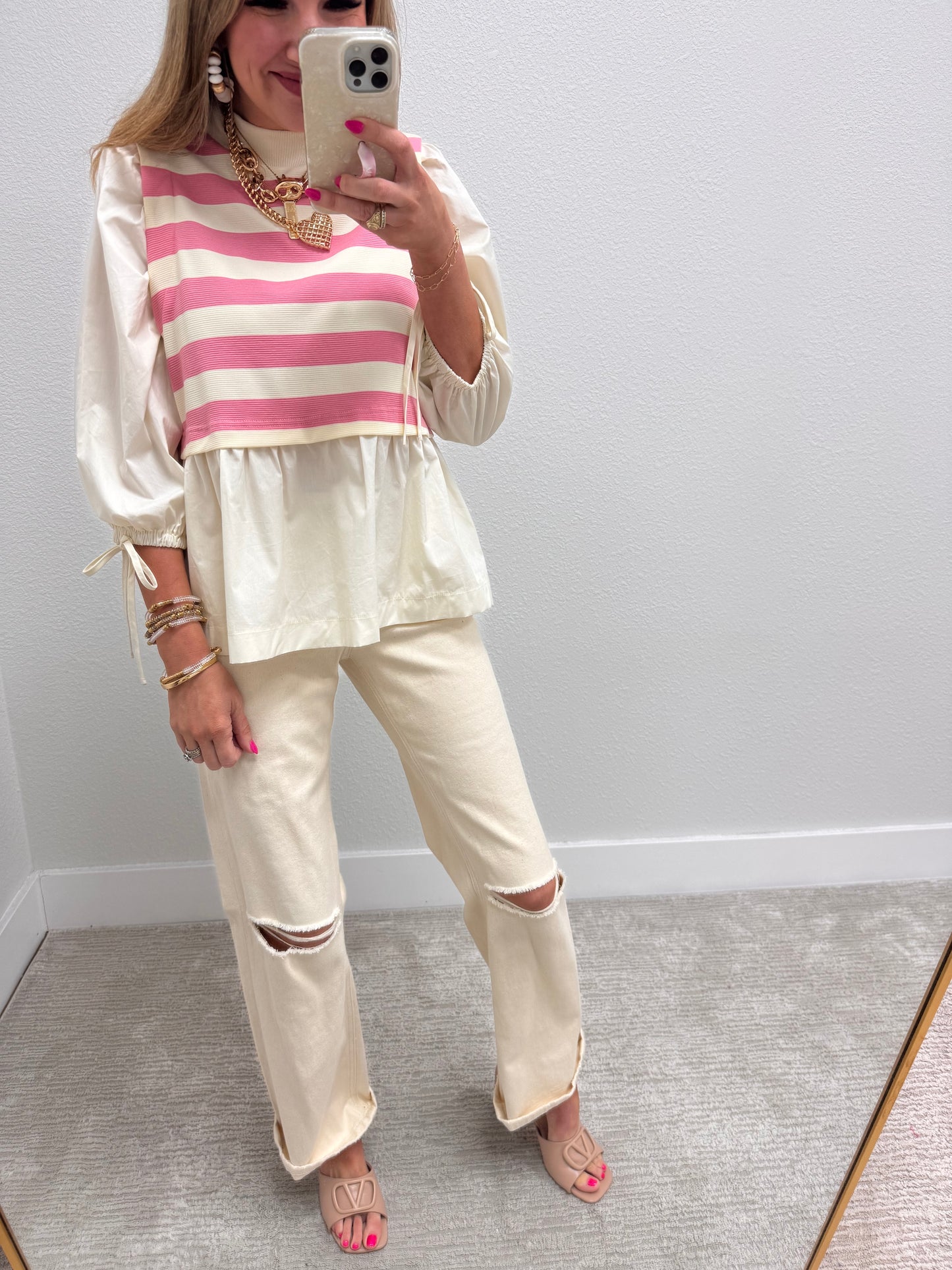 Pink Striped Layered Knit Bodice Gathered Blouse