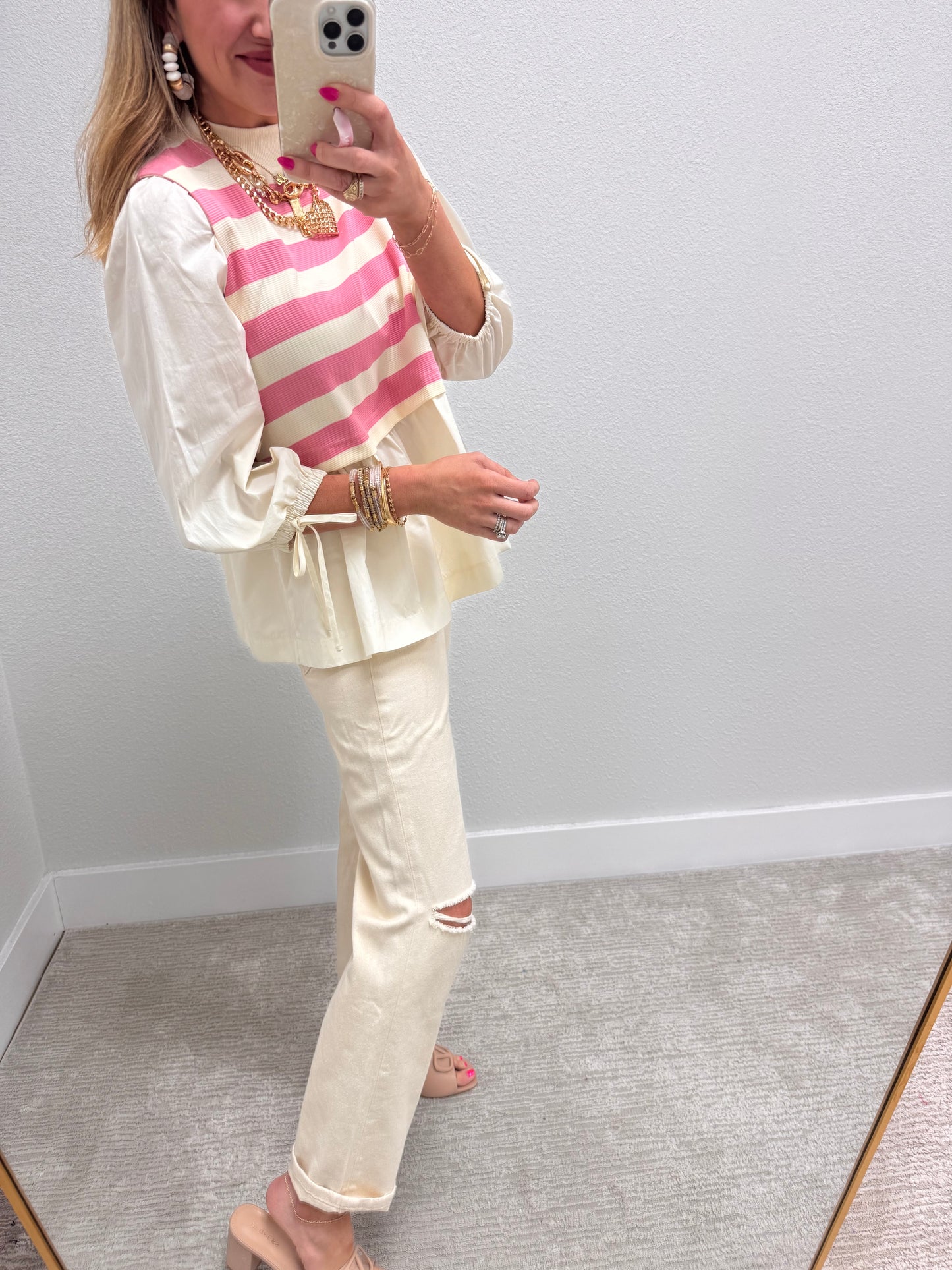 Pink Striped Layered Knit Bodice Gathered Blouse