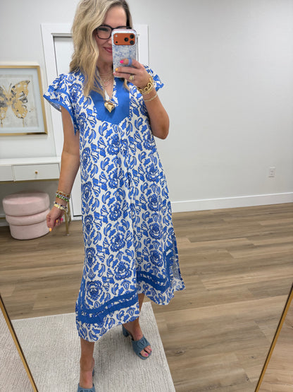 Blue Abstract Two Tone Print Midi Dress FS