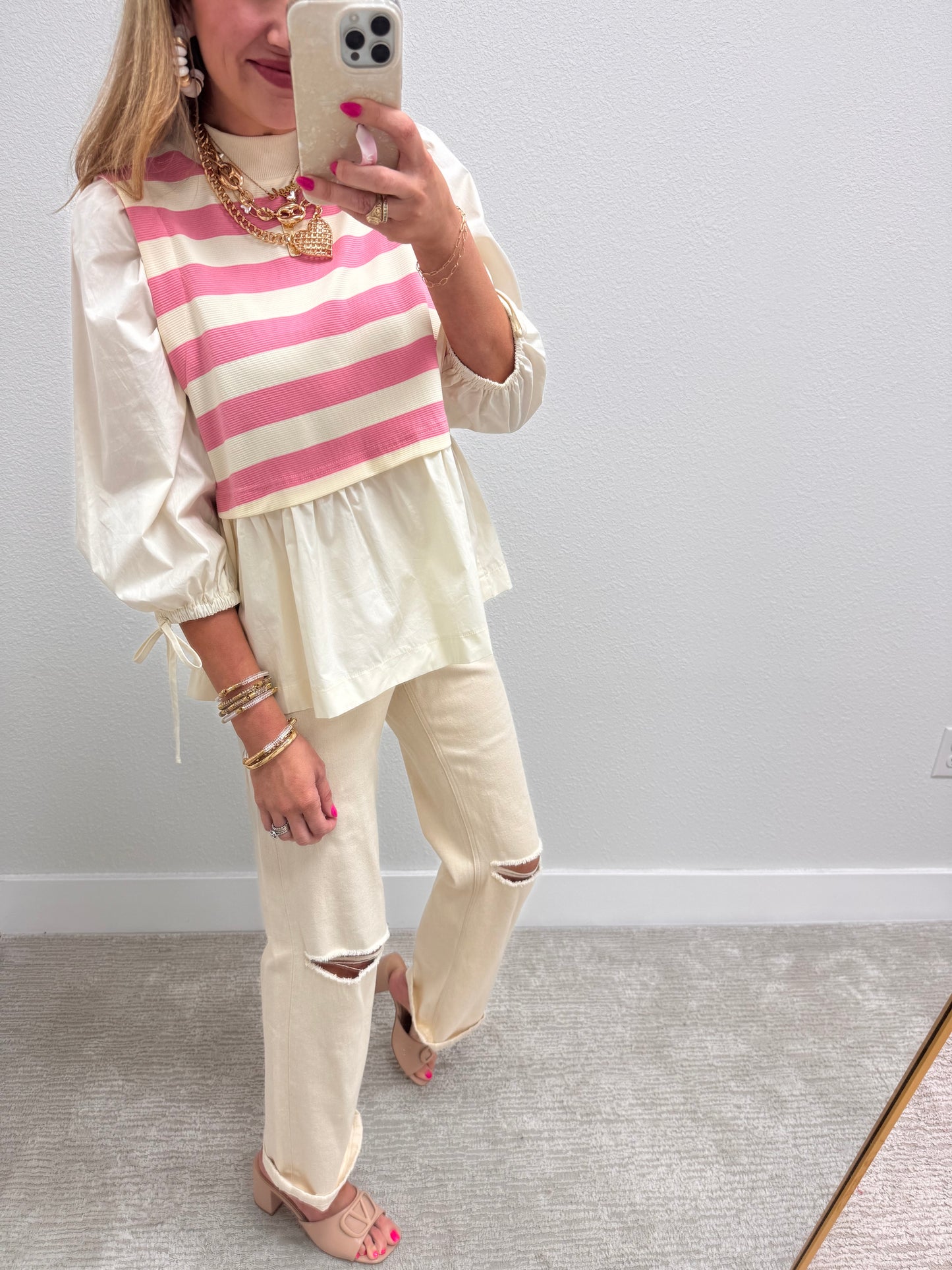 Pink Striped Layered Knit Bodice Gathered Blouse