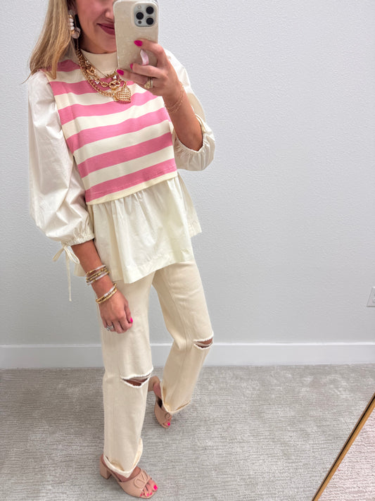 Pink Striped Layered Knit Bodice Gathered Blouse