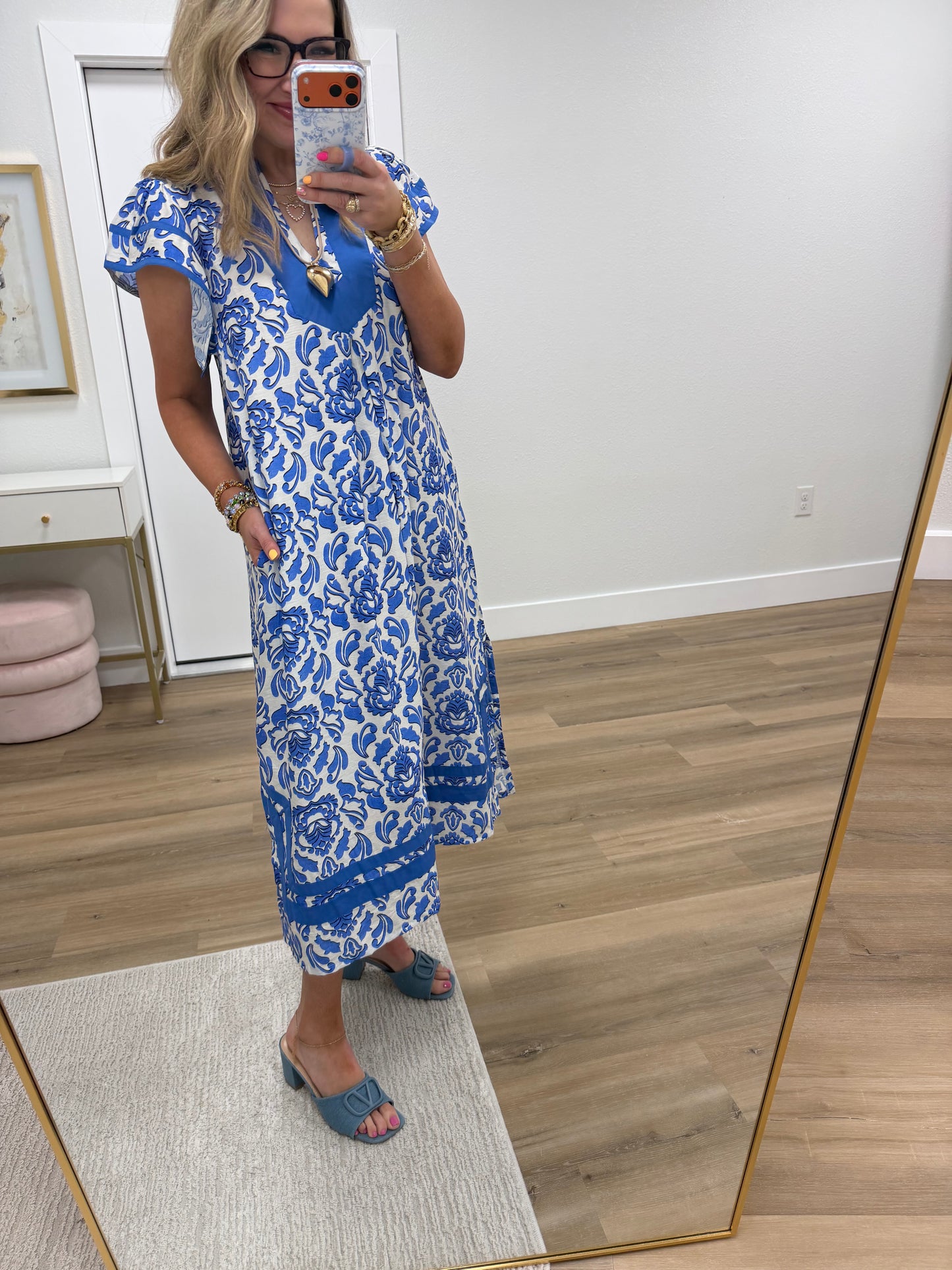 Blue Abstract Two Tone Print Midi Dress FS