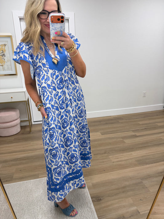 Blue Abstract Two Tone Print Midi Dress