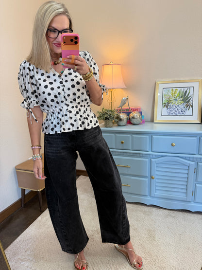 Black & Cream Polka Dot Puff Tie Sleeve Top