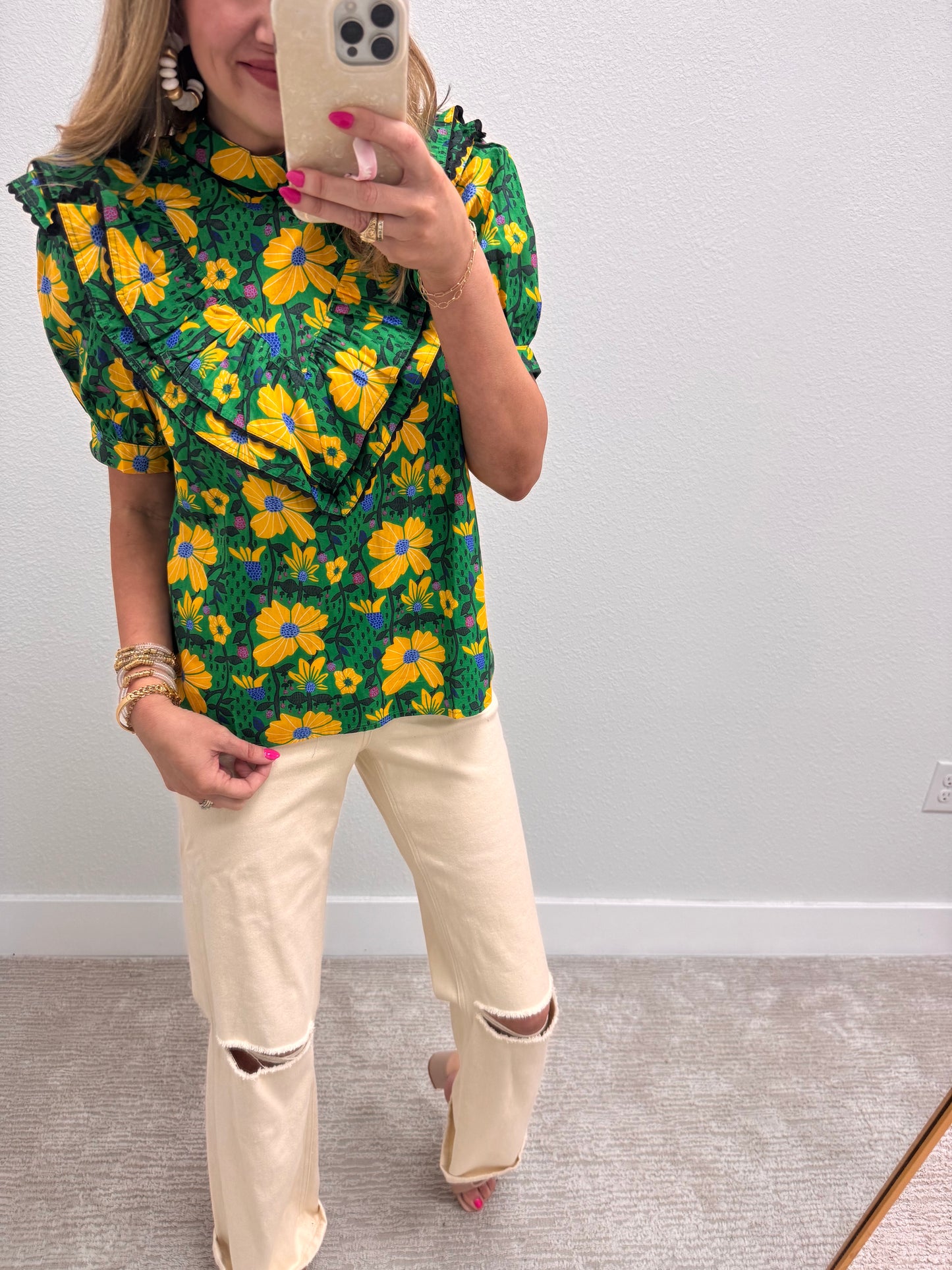 Green Printed Ruffle Front Top