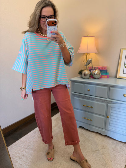 Salmon & Jade Striped Block Over-sized Short Round Neck