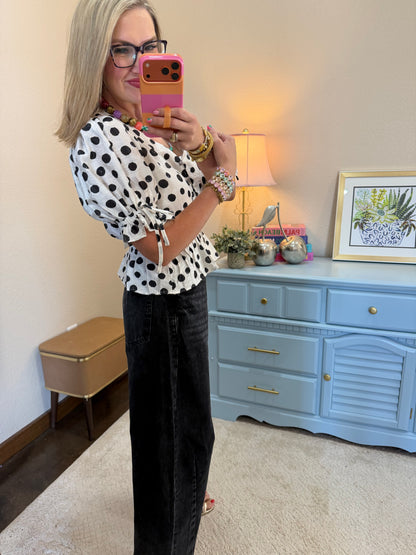 Black & Cream Polka Dot Puff Tie Sleeve Top