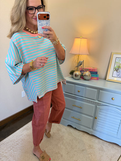 Salmon & Jade Striped Block Over-sized Short Round Neck