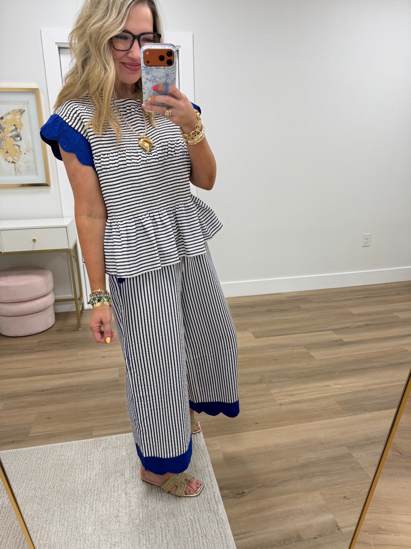 Ocean Stripe Ruffle Sleeve Peplum Top