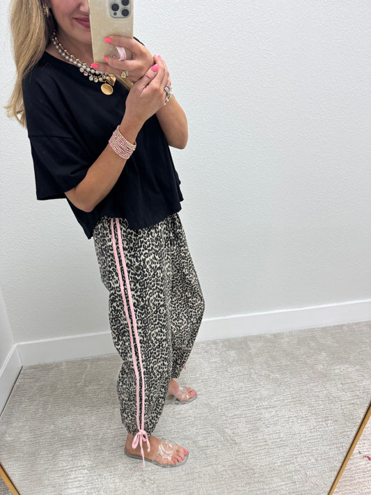 Pink Stripe Leopard Jogger Denim Style Elastic Waist Pants