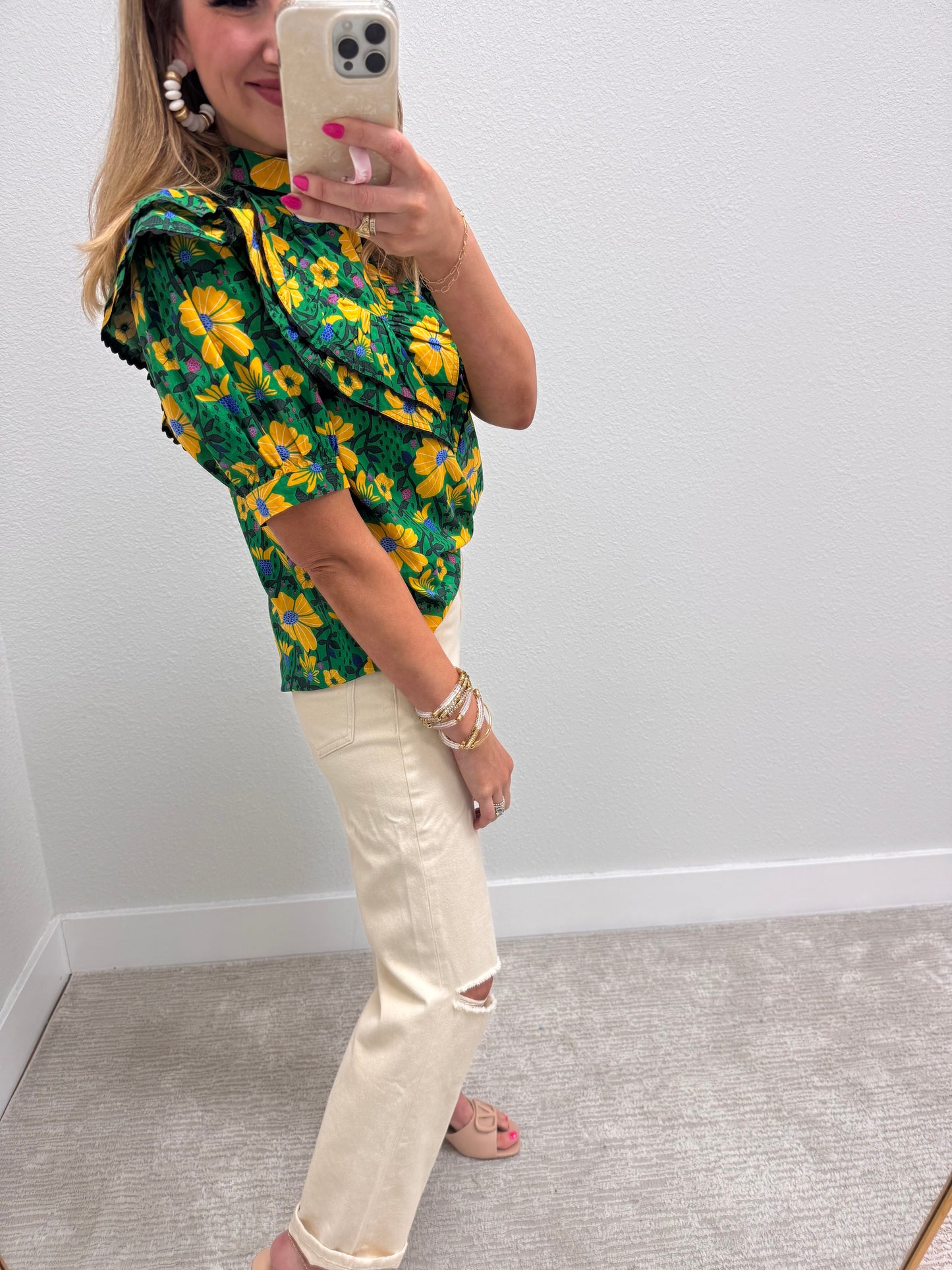 Green Printed Ruffle Front Top