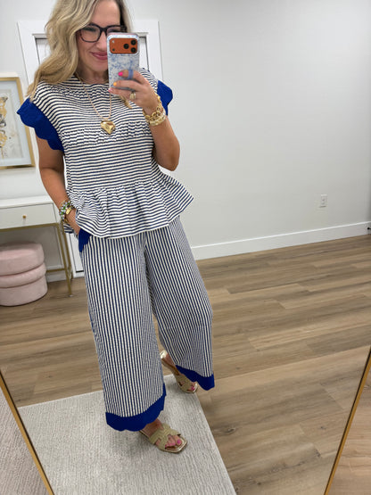 Ocean Stripe Ruffle Sleeve Peplum Top