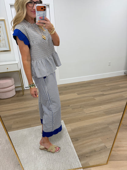 Ocean Stripe Ruffle Sleeve Peplum Top