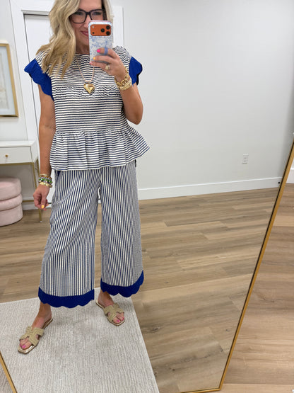 Ocean Stripe Ruffle Sleeve Peplum Top
