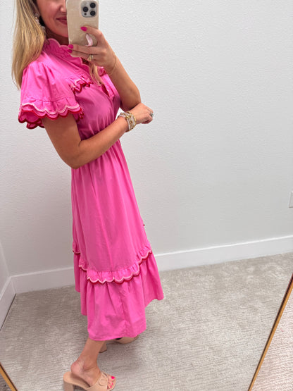 Pink Scalloped Trim Flutter Sleeve Midi Dress