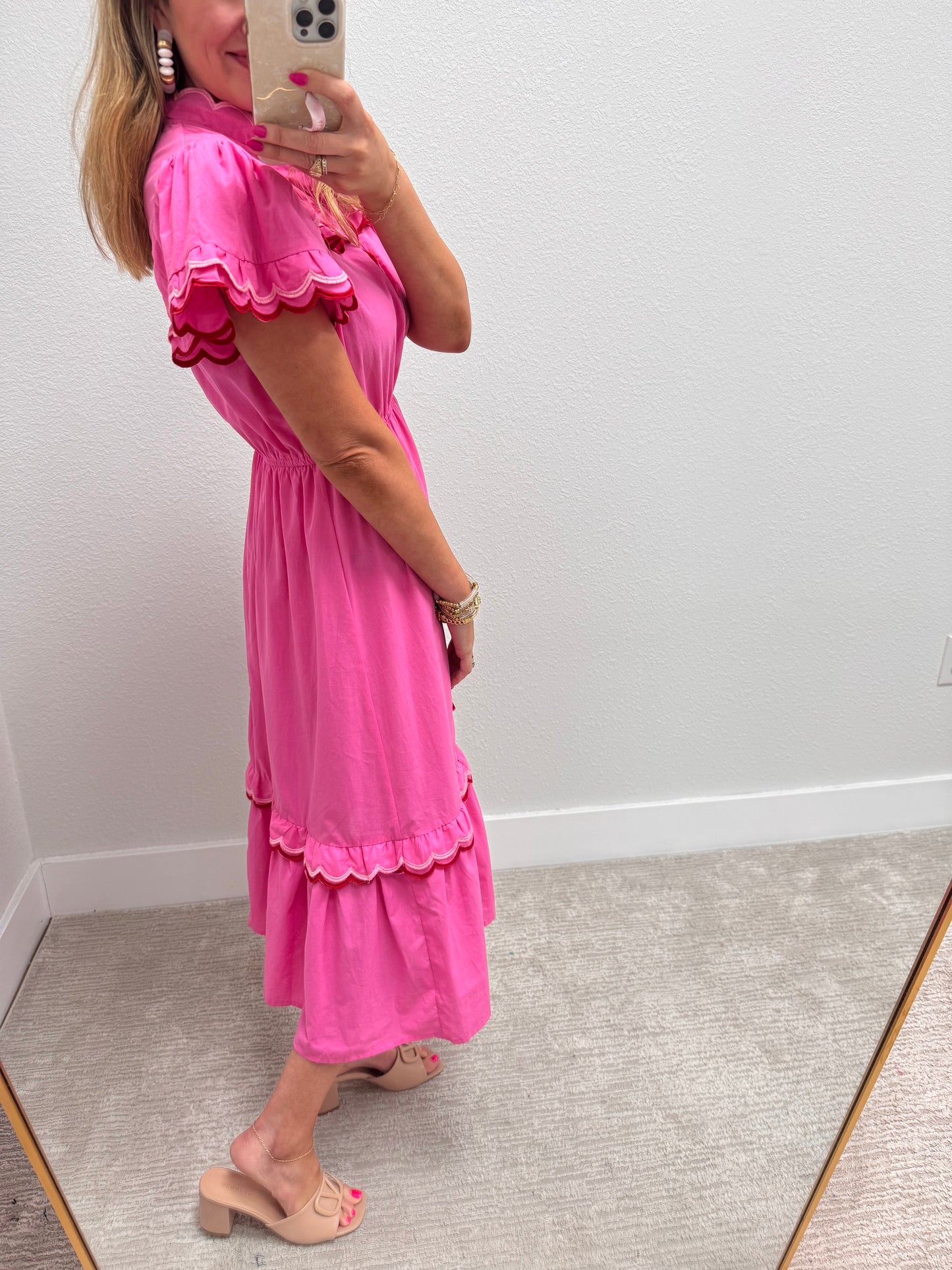 Pink Scalloped Trim Flutter Sleeve Midi Dress