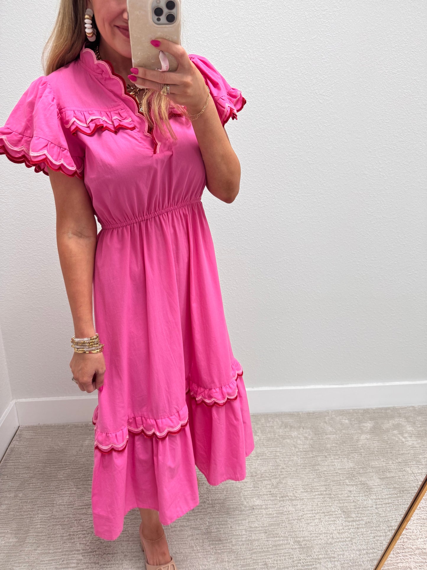 Pink Scalloped Trim Flutter Sleeve Midi Dress