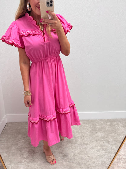 Pink Scalloped Trim Flutter Sleeve Midi Dress