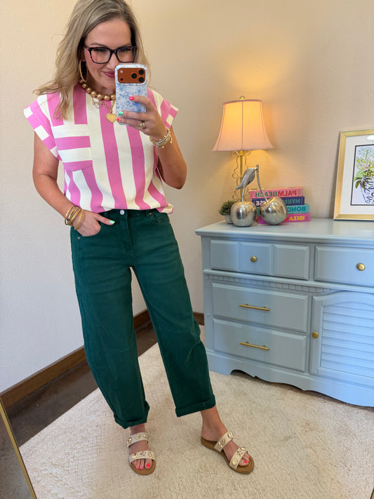 Hunter Green Barrel- Leg Cropped Color Denim Pants