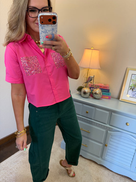 Pink Embellished Pocket Short Sleeve