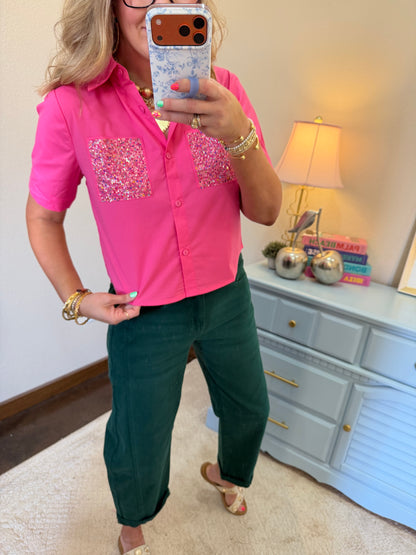 Pink Embellished Pocket Short Sleeve