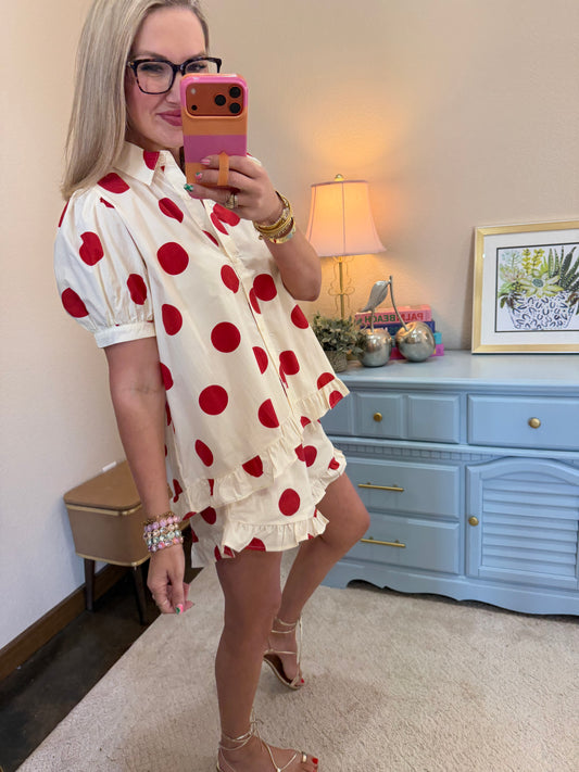 Cream and Red Polka Dot Ruffle Set