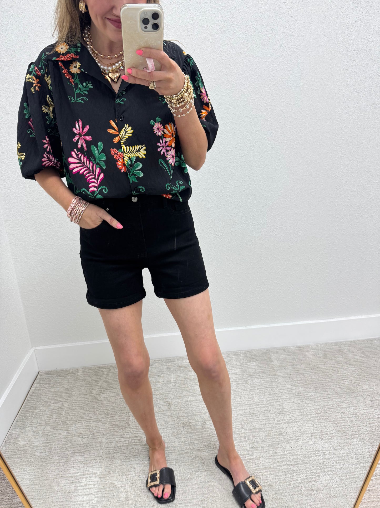 Black Printed Button Front Top