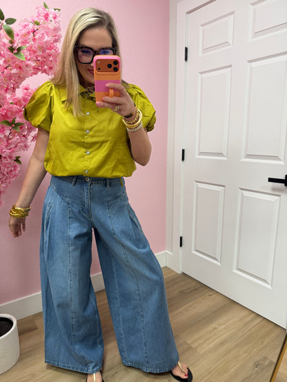 Pleated Seam Detail Wide-Leg Denim Pant