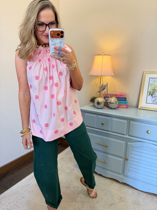 Pink Tie Smoked  Polka  Dot Top