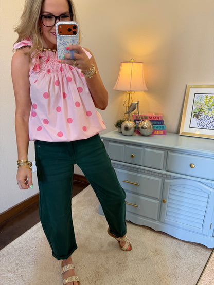 Hunter Green Barrel- Leg Cropped Color Denim Pants