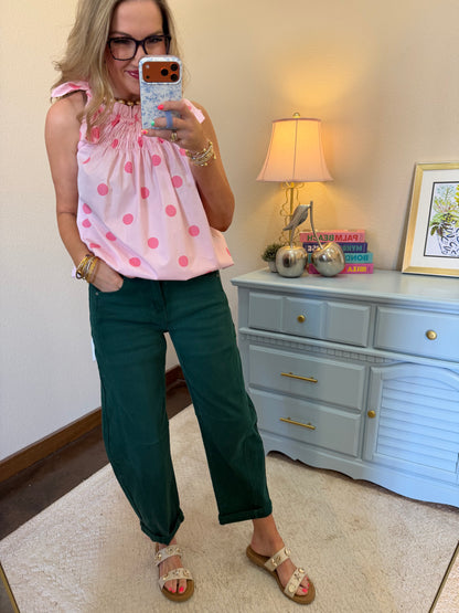 Hunter Green Barrel- Leg Cropped Color Denim Pants