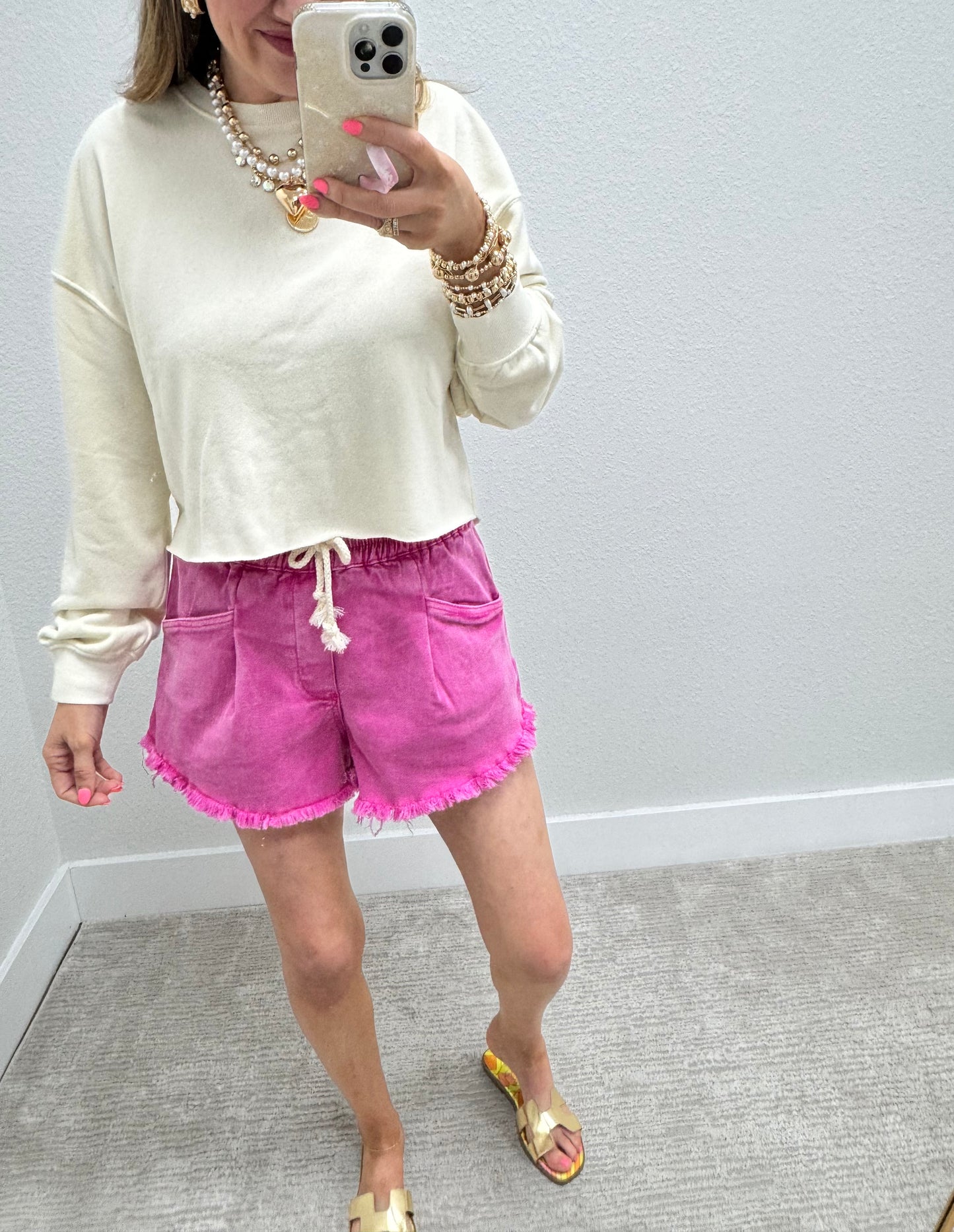 Pink Washed Fray Hem Denim Shorts