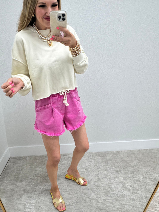 Pink Washed Fray Hem Denim Shorts