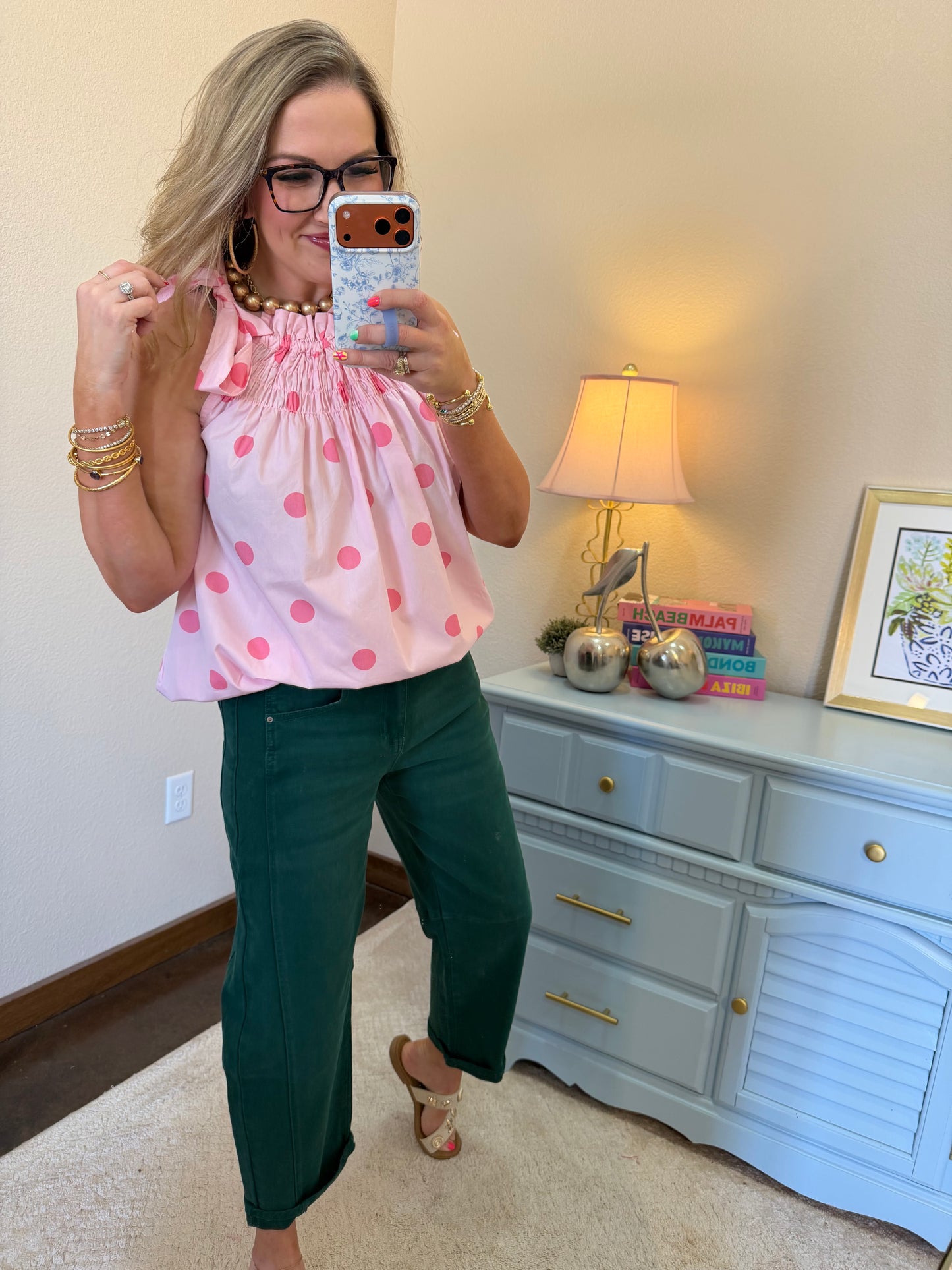 Pink Tie Smoked  Polka  Dot Top