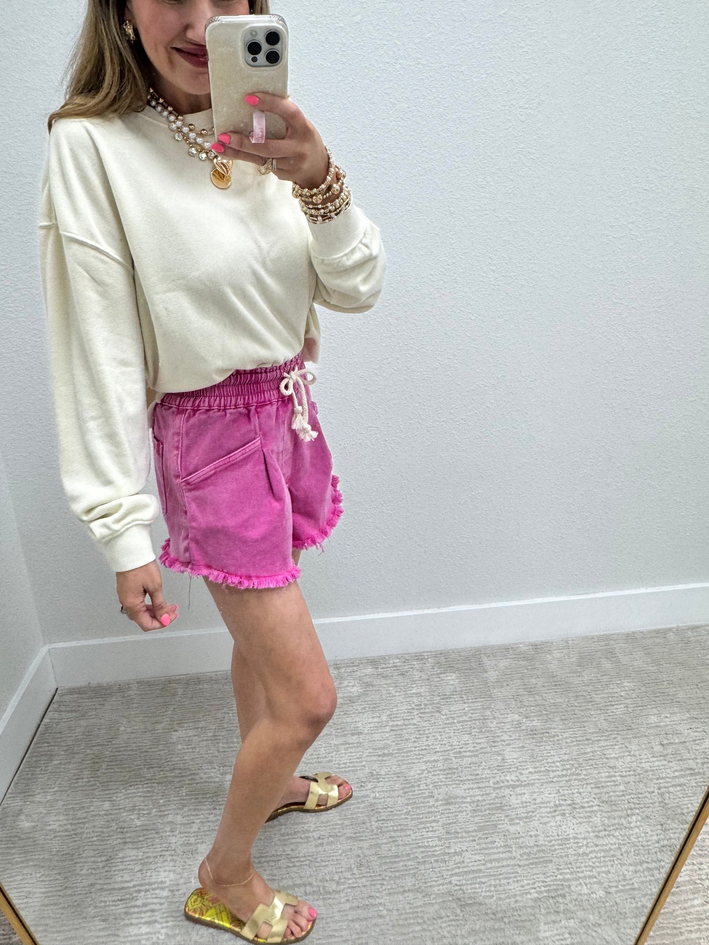 Pink Washed Fray Hem Denim Shorts