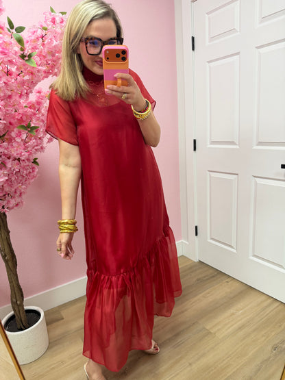 Burgundy Tie Back Chiffon Midi Dres