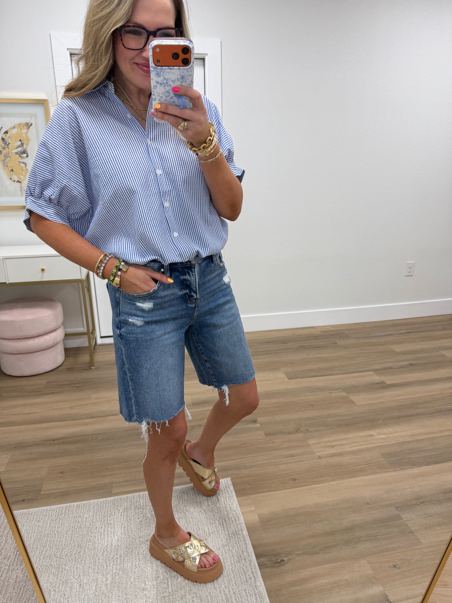 Blue Striped Short Sleeve Button-front Blouse