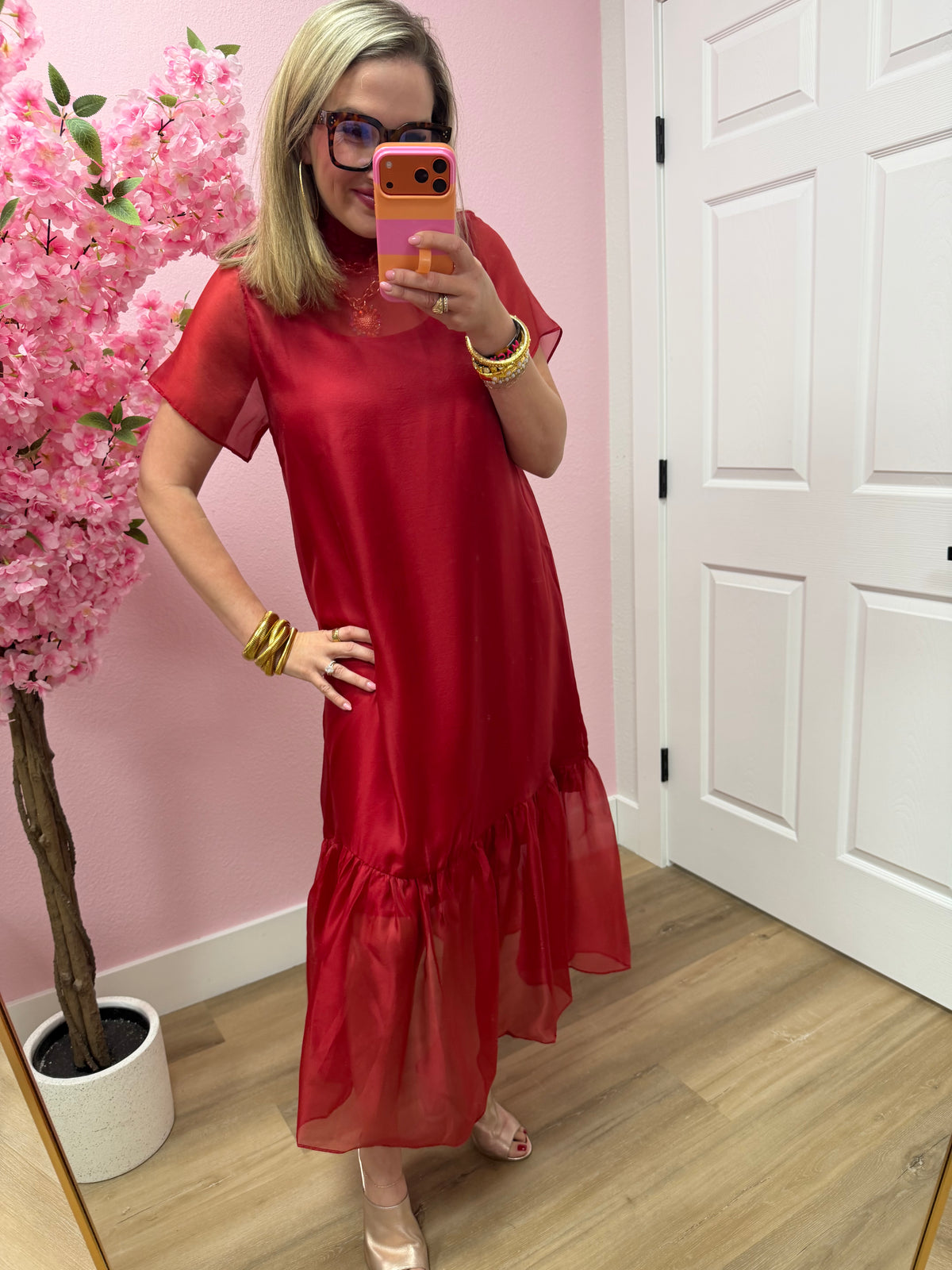 Burgundy Tie Back Chiffon Midi Dres