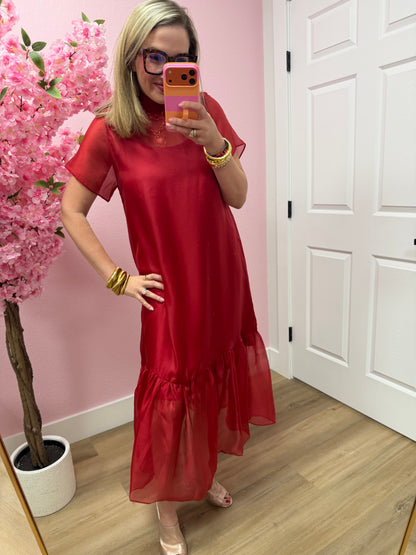 Burgundy Tie Back Chiffon Midi Dres
