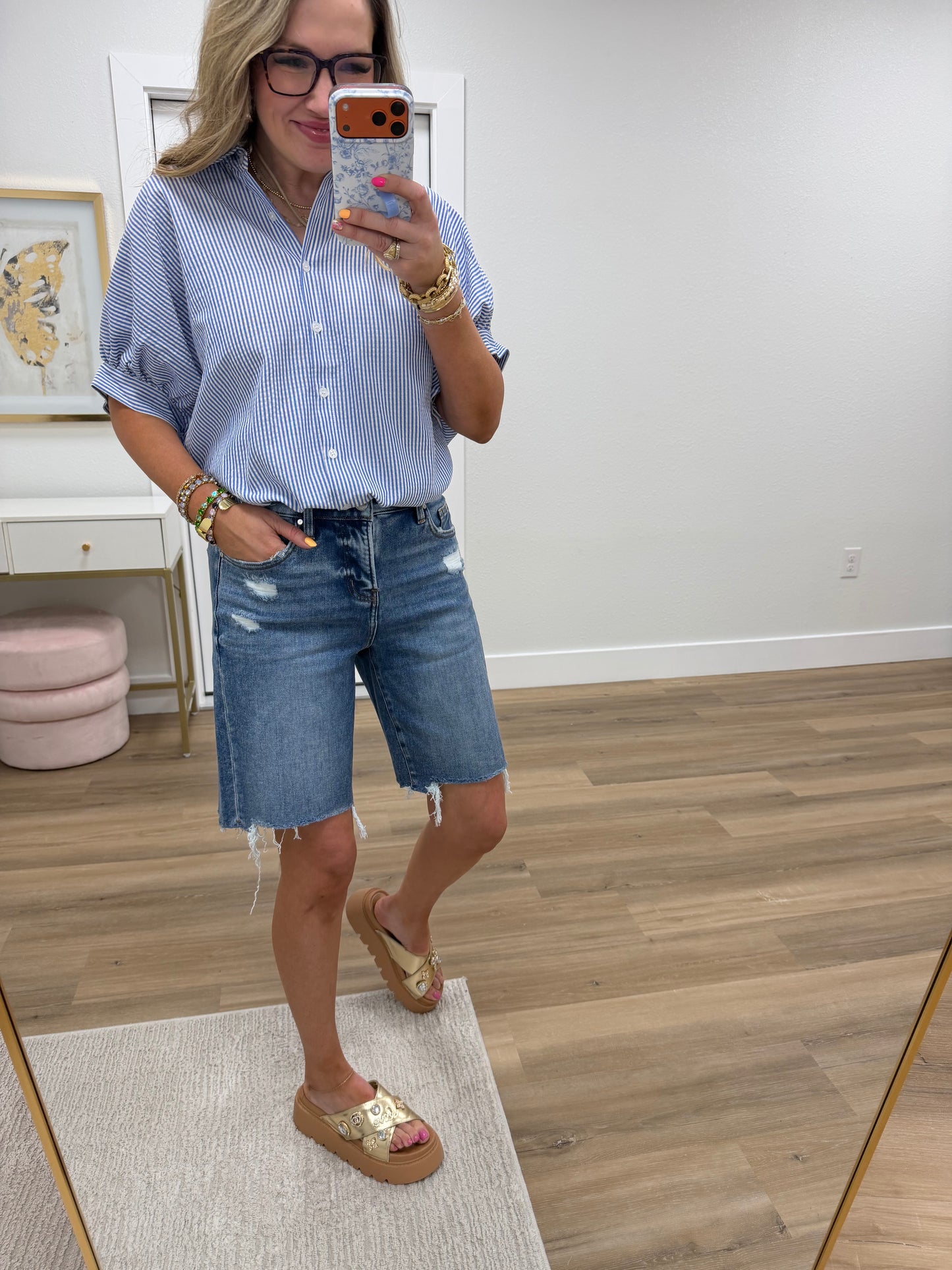 Blue Striped Short Sleeve Button-front Blouse