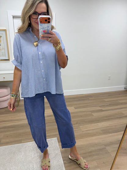 Blue Striped Short Sleeve Button-front Blouse
