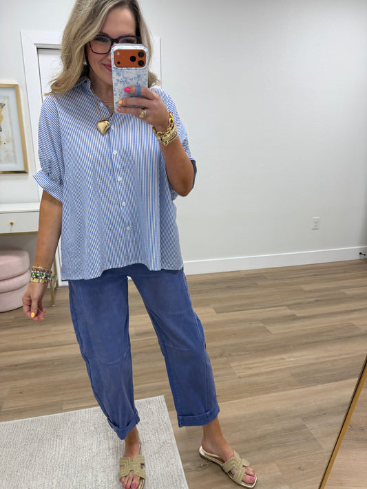 Blue Striped Short Sleeve Button-front Blouse