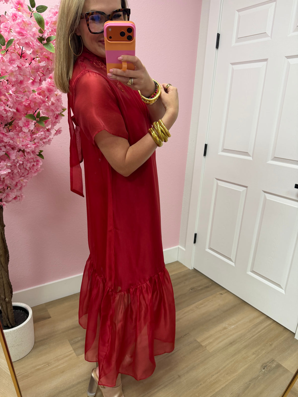 Burgundy Tie Back Chiffon Midi Dres