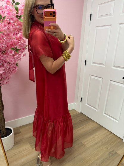 Burgundy Tie Back Chiffon Midi Dres