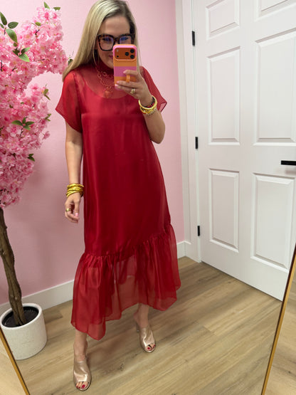 Burgundy Tie Back Chiffon Midi Dres