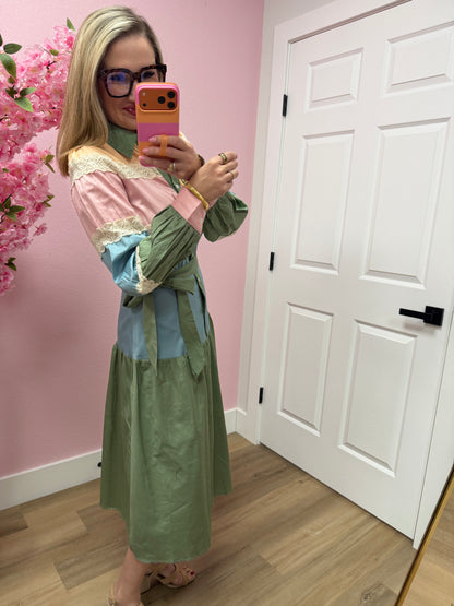 Dusty Sage Tiered Color Block Lace Trim Button Up Midi Dress