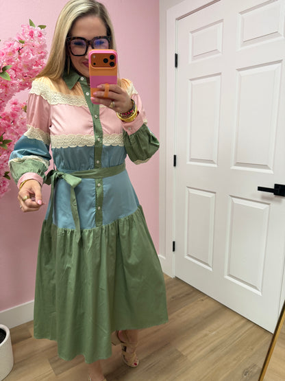 Dusty Sage Tiered Color Block Lace Trim Button Up Midi Dress