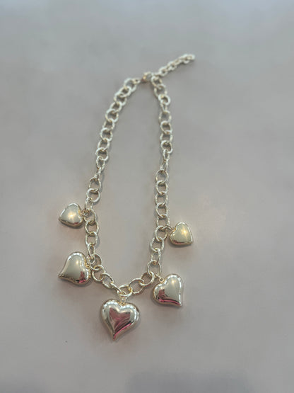 Gold 5 Heart Puff Heart Charm Necklace