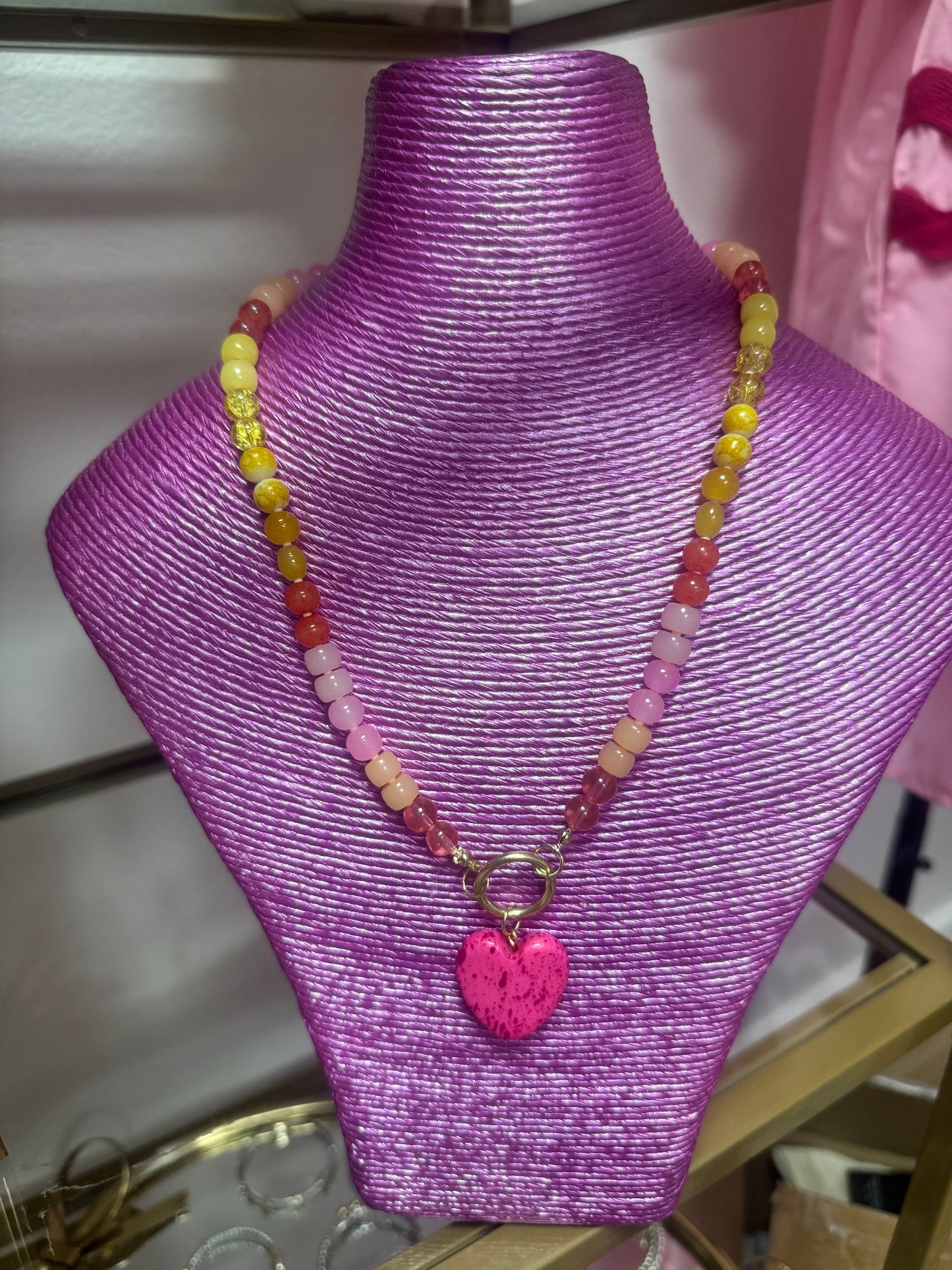 Colored Bead With Colored Heart Necklace (2 colors)