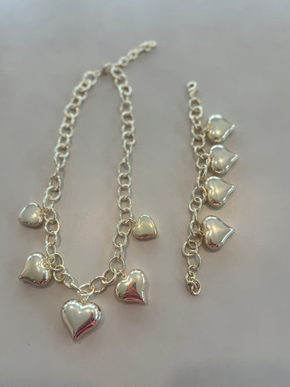 Gold 5 Heart Puff Heart Charm Necklace